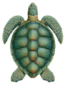 Detailed Top View Illustration of a Green Sea Turtle with Intricate Shell Patterns