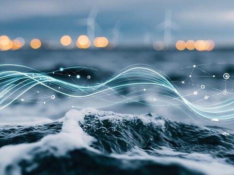 Abstract glowing light waves data network overlay on ocean waves with offshore wind turbines in background