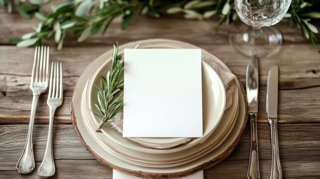 Rustic place setting with blank card, silverware, and olive branch on wooden table.