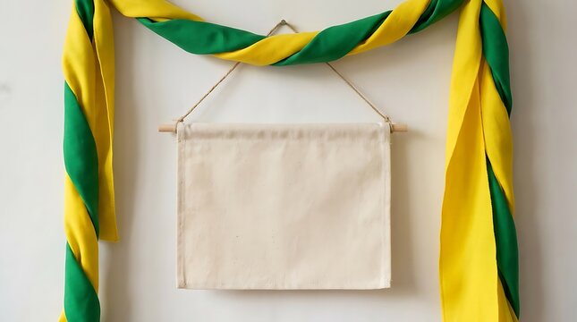 A blank canvas hanging on a white wall with a green and yellow fabric draped around it.