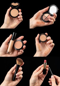 A woman's hand showcasing various makeup products and swatches