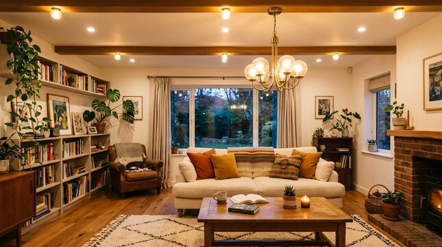Cozy home library living room with warm chandelier light, bookshelf full of books, open book on coffee table, perfect for back to school studying and evening reading.