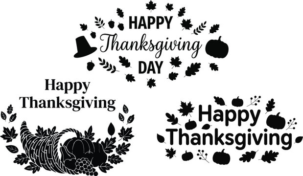 Happy Thanksgiving silhouette vector set, black cornucopia horn of plenty and autumn leaves typography isolated on white background