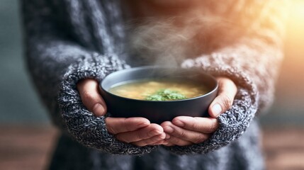 Naklejka na ściany i meble Cozy Hands Warm a Bowl of Steaming Hot Soup on a Chilly Day