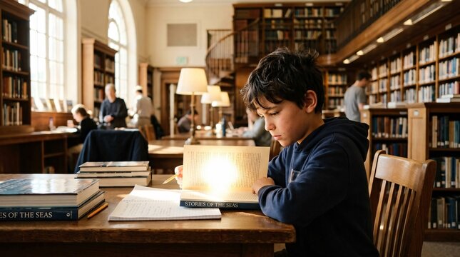 Young boy focused on reading a book at a table in a quiet public library during back to school study session.