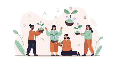 Fototapeta premium Diverse group of people cultivating and nurturing plants, symbolizing growth, teamwork, and environmental care