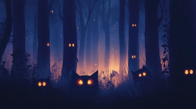 Enchanted forest at night with glowing eyes and mysterious atmosphere