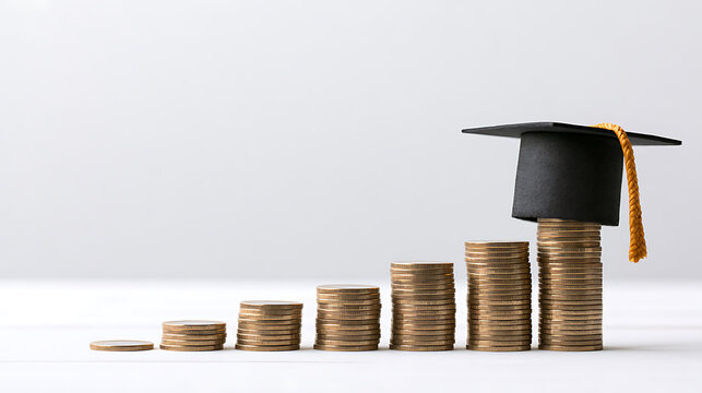 Graduation cap on stacked coins, represent education costs and financial return on investment, savings for college education or future planning