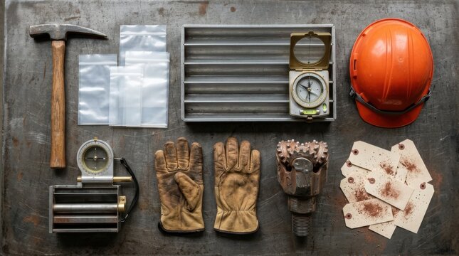 Mining exploration tools, core tray, sample bags, compass clinometer, hard hat, gloves, and drill bit on a workbench