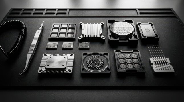 Advanced semiconductor packaging tools and chiplet components on an antistatic mat with wafer cassette, microprobes, solder bumps, and precision tweezers