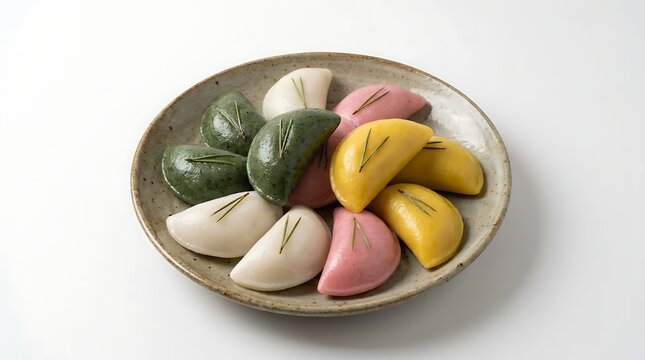 A plate of colorful mochi on a white background