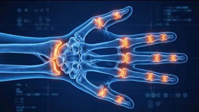 Detailed scan of human hand skeleton showing multiple glowing orange inflamed finger joints affected by arthritis on blue background.
