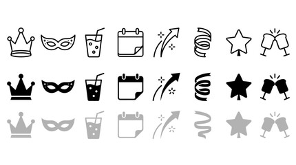 Fototapeta premium Celebration Icons Set Crown Mask Drink Calendar Arrow Ribbon Star Toast