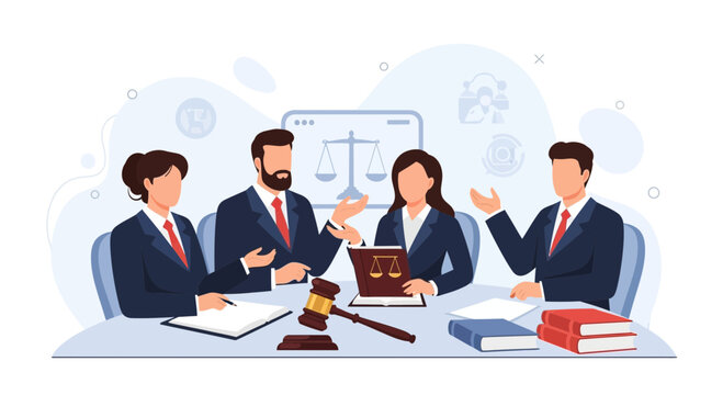 Lawyers in a Meeting Discussing Legal Case with Gavel and Scales of Justice Illustration