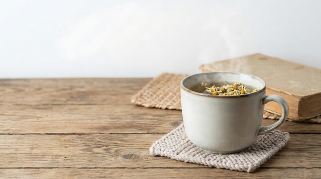 A white mug filled with cereal sits on a woven coaster atop a rustic wooden table with a book in the background.