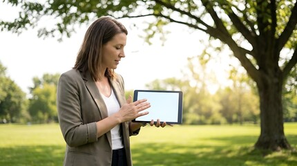 Fototapeta premium A woman in a park using a tablet with a blank screen for digital content creation or outdoor work