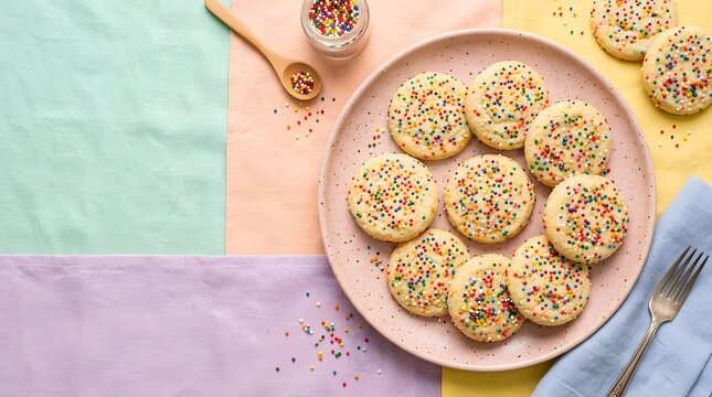 Rainbow sprinkle sugar cookies displayed on a pastel background, vibrant colors, playful composition, top-down flat lay, commercial food photography, copy space