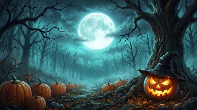 Spooky halloween pumpkin in a dark forest with full moon