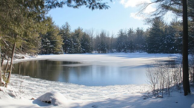 Serene frozen lake scene with snow-covered trees and clear blue sky