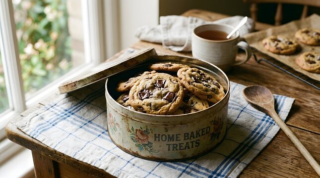 Fresh cookies in a vintage metal tin, cozy home baking concept, warm natural lighting, nostalgic atmosphere, realistic food photography