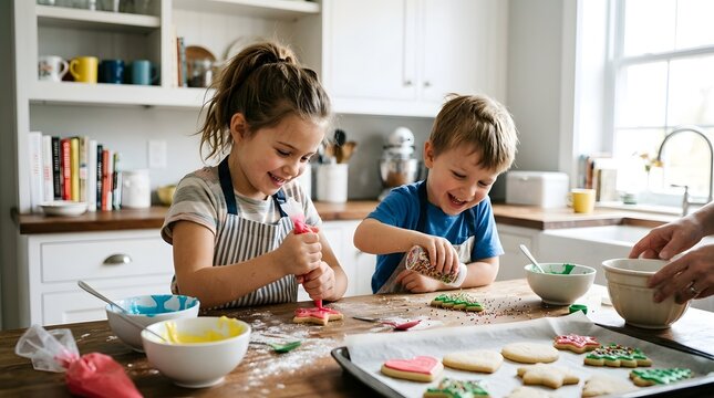 Kids decorating sugar cookies with colorful icing and sprinkles, cheerful baking activity, bright kitchen, authentic lifestyle food photography