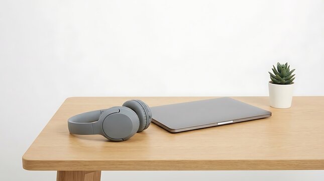 A minimalist workspace with a laptop, headphones, and a small potted plant on a wooden desk