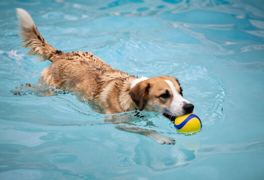 Happy dog swimming in a clear blue pool with a yellow and blue ball in its mouth, summer pet activity