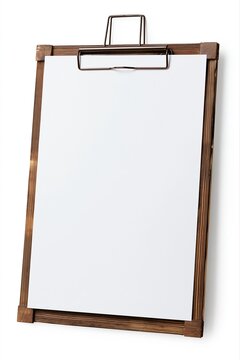 Wooden Clipboard with Blank White Paper Sheet Attached to Metal Clip, Isolated on White Background