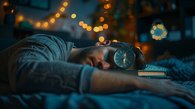 Close up of an 8 o clock alarm clock on books, with a person sleeping in a cozy bedroom.