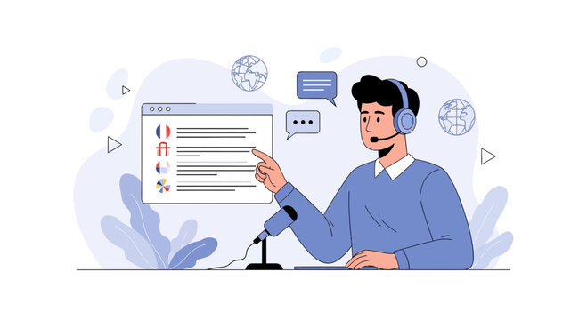 Man with headset and microphone pointing at online language translation interface with flags and globes, representing communication and global connectivity.