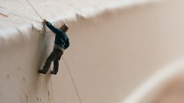A small miniature figure, a person, climb a textured white and beige surface with a rope, illustrating challenge, perseverance, and effort