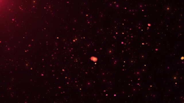 Dark red glitter field orange magenta particles focus space forms a cinematic festive backdrop. romance videos, luxury titles, party visuals, anniversary clips, holiday greetings, celebration edits