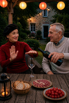 Smiling woman politely declining a glass of wine using friendly hand gesture. Relaxed social moment at garden table with candle lantern, bread, charcuterie and tomatoes under colorful lantern lights