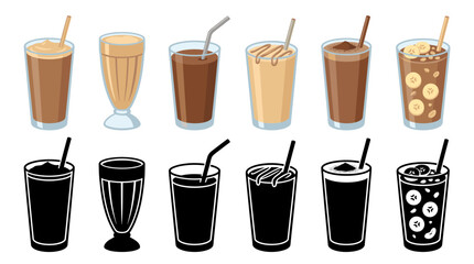 Obraz premium Professional vector collection featuring different chocolate peanut butter banana smoothie drinks, creamy banana chocolate smoothie in tall glass, peanut butter banana milkshake