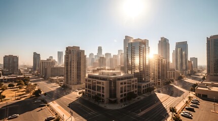 Obraz premium Modern city skyline at sunrise with golden lens flare, urban cityscape with corporate skyscrapers and glass buildings, metropolitan downtown district