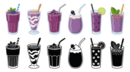 Professional vector collection featuring different blueberry yum yum smoothie drinks, rich blueberry smoothie in tall glass, blueberry yogurt smoothie, frozen blueberry berry blend © mehdik