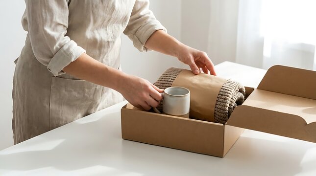 A person carefully packing a mug and a wrapped item into a cardboard box on a white table.