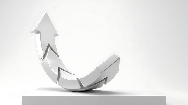 A 3D rendering of a white arrow pointing upwards, symbolizing growth and progress on a plain background