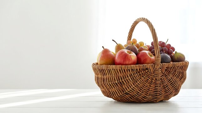 A wicker basket filled with a variety of fresh fruits on a white table