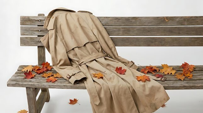 A beige trench coat lies on a weathered wooden bench surrounded by fallen autumn leaves.