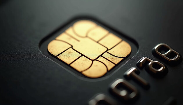Extreme macro of a gold EMV microchip on a matte black unbranded credit card.