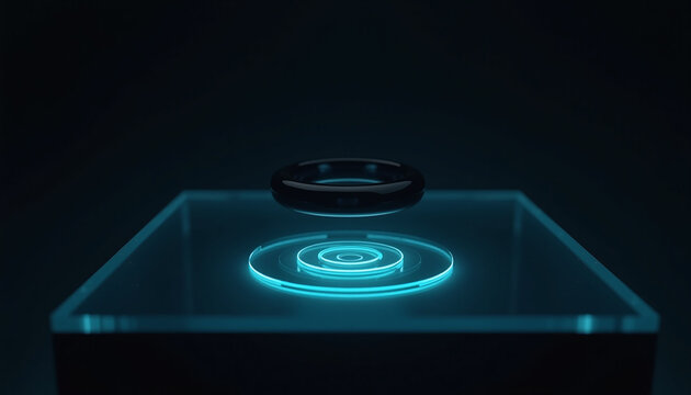 Glowing cyan NFC electromagnetic waves beneath a smart ring on a terminal.