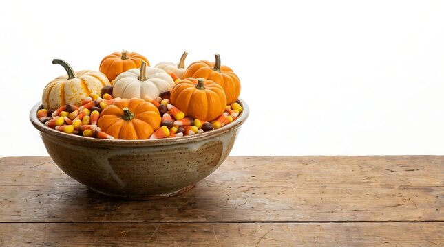 A bowl of small pumpkins and corn kernels on a wooden table for fall decoration