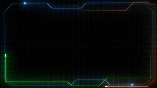 Dark screen border with luminous circuit corners, points, and grid texture sci tech frame space placeholders, title cards, live streams, app demos, data panels, software previews, interface backdrops.