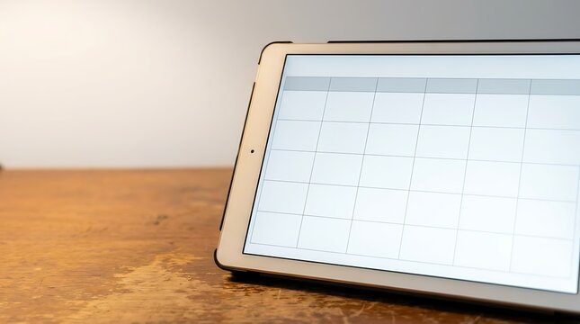 A tablet displaying a calendar on a wooden table in a modern workspace