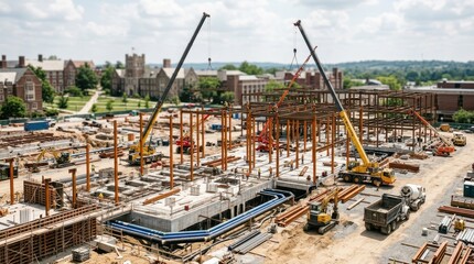 Fototapeta premium Large campus expansion with foundations, steel columns, chilled water pipes, and mobile cranes across an active construction site.