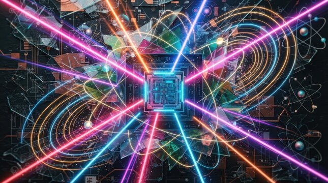 Silicon die, laser beams, atomic orbits, magnetic field curves, and glass shards form a MEMS vapor cell magnetometer technology concept.