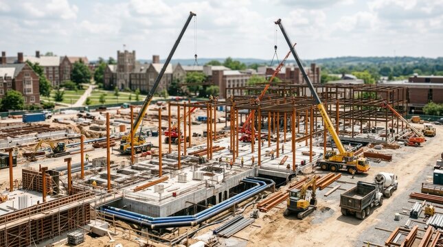 Large campus expansion with foundations, steel columns, chilled water pipes, and mobile cranes across an active construction site.
