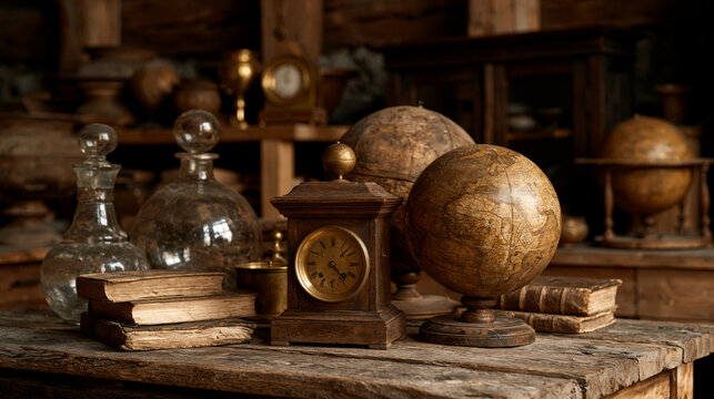 Dusty attic scene with old collector items including clocks globes and books, treasure hunt and vintage discovery concept, with copy space