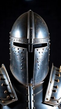 Close-up of medieval knight steel helmet with visor under dramatic studio lighting